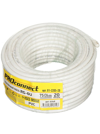 Кабель телевизионный коаксиальный, 1х0.9 мм², 20 м, RG-6U, (48%), 75 Ом, белый, PROconnect, 01-2205-20
