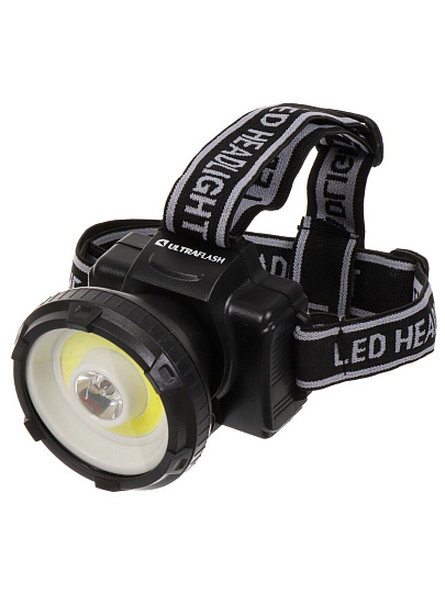 Фонарь налобный, встроенный аккумулятор, Ultraflash, LED5368, зарядка от сети 220 В, пластик, черный, 1 Вт LED+1,5 Ватт COB, 2 режима