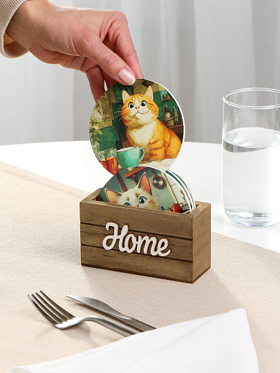 Набор подставок для горячего, дерево, 4 шт, круглый, 11.5х5.4х6.4 см, Забавные коты, Y4-11196