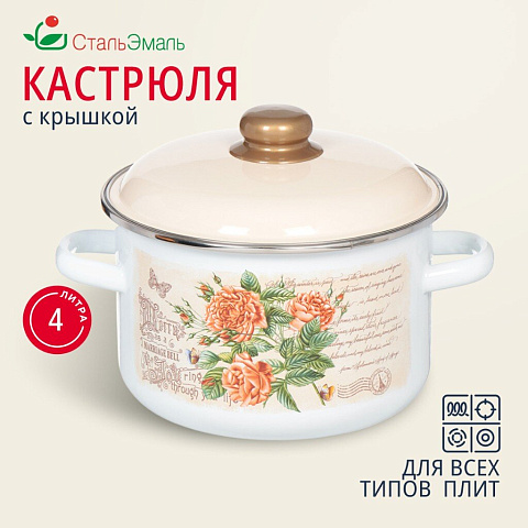 Кастрюля эмалированная сталь, 4 л, с крышкой, крышка сталь, СтальЭмаль, Мэри белоснежная, 6RD201M, индукция