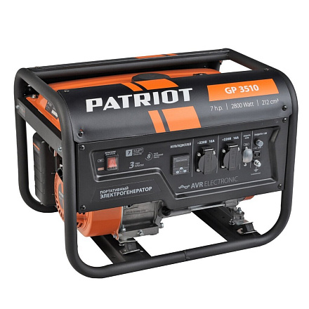 Генератор бензиновый, Patriot, GP 3510, 2.8 кВт, четырехтактный, 7 л.с., 16 А, выход 12 В, ручной стартер, 474101535