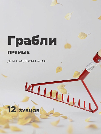Грабли прямые, 12 зуб, металл, 34 см, с выносной тулейкой, садовые, черенок деревянный