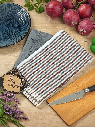 Набор полотенец кухонных 2 шт, 30х50 см, махровый, 100% хлопок, 420 г/м2, Barkas, Розы, темно-серый, Узбекистан