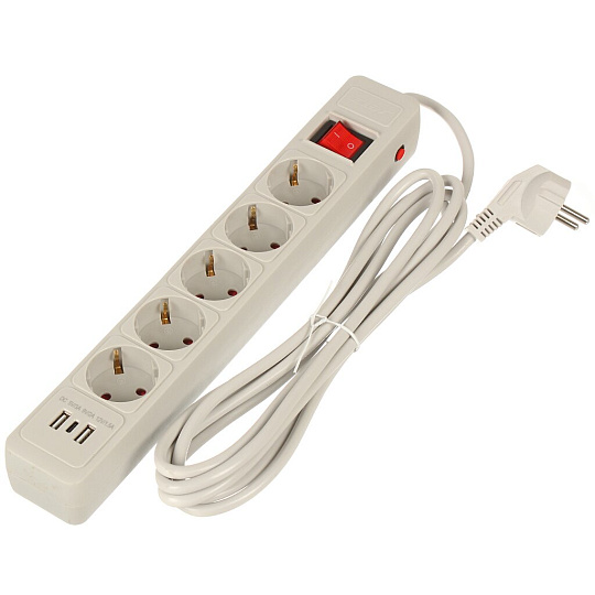 Сетевой фильтр 5 гн, 3 м, 3х1 мм², с/з, 16 А, +2USB +TYPE C 2.0, 3,5 кВт, сер, Jett, 171-603