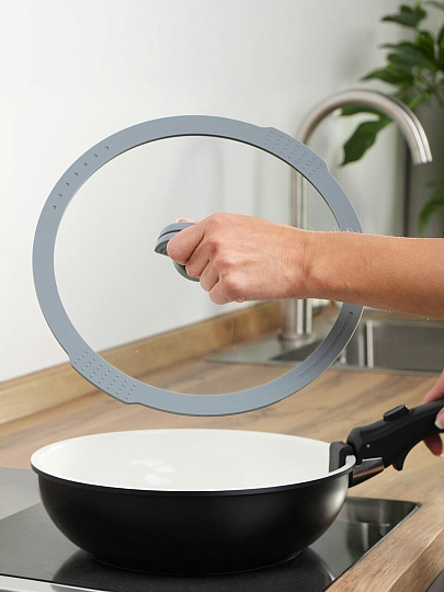 Крышка для посуды стекло, 26 см, Daniks, Серый, силиконовый обод, складной держатель, 113