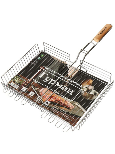 Решетка барбекю 400х280х60 мм, Гурман, Люкс, хром, сталь, рукоятка дерево, 22003-enf-lac