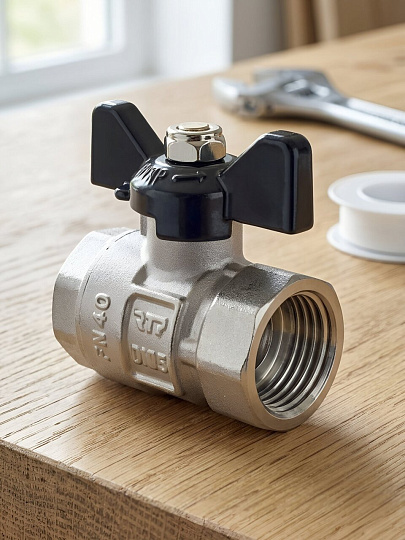Кран шаровой 1", ВН/ВН, латунь, ручка-бабочка, никель, ГОСТ, PN40, RTP