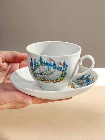 Чайная пара фарфор, 2 предмета, на 1 персону, 275 мл, Daniks, Гранатовый, Гуси, для гибкой подводки, индивидуальная упаковка, 128952