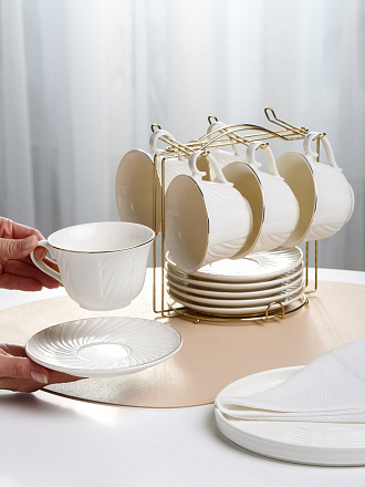 Набор чайный фарфор, 12 предметов, на 6 персон, 220 мл, металлическая подставка, ТМ Глория, Bonjart, 202346, подарочная упаковка