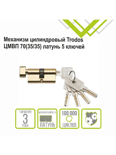 Личинка замка двери Trodos, ЦМВП, 209213, 70 мм, с заверткой, золото, блистер, 5 ключей