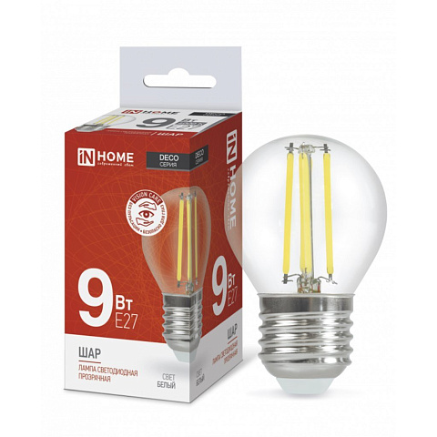 Лампа светодиодная E27, 9 Вт, 230 В, шар, нитевидная, 4000 К, свет холодный белый, In Home, LED-ШАР-deco, прозрачная