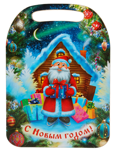 Доска разделочная дерево, 29х21х0.6 см, с ручкой, Дед Мороз с подарком, К-190
