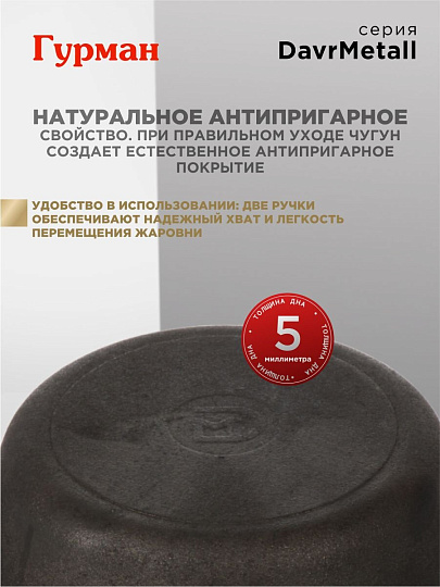 Жаровня чугун, 26 см, с двумя ручками, Гурман, DavrMetall, индукция