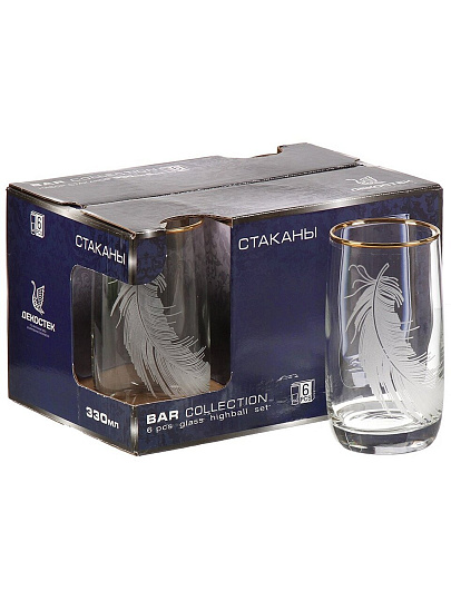 Стакан 330 мл, стекло, 6 шт, Декостек, Перо, 158-ГЗ6