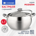 Кастрюля нержавеющая сталь, 6.5 л, с крышкой, крышка стекло, Daniks, Модерн серый, SD-24N, индукция