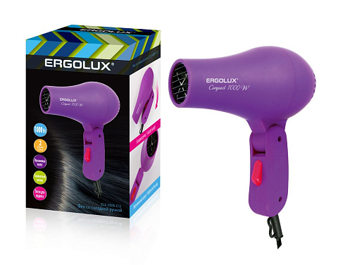Фен со складной ручкой, 1000Вт, фиолетовый, Ergolux ELX-HD05-C12