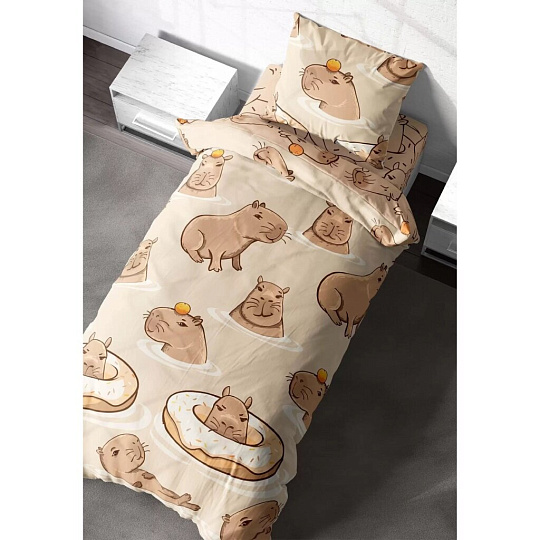 Постельное белье детское 1.5-спальное, простыня 150х214 см, 1 наволочка 70х70 см, пододеяльник 143х215 см, Crazy Getup, перкаль, Capybara 984611