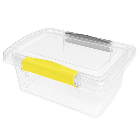 Ящик для хранения, 0.85 л, 16.8х12.5х7.1 см, с крышкой, прозрачный с защелками, желтый, серый, BranQ, Laconic mini, BQ2491ЖТСЕР
