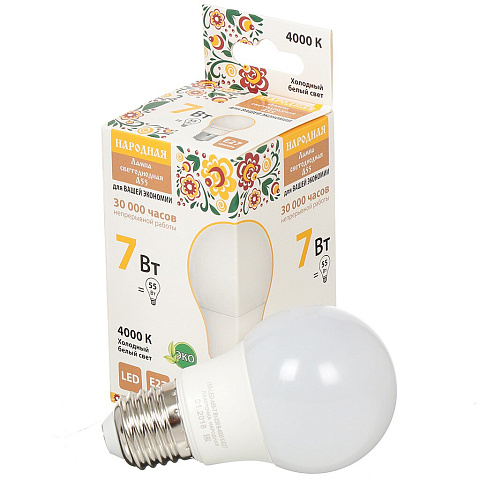 Лампа светодиодная E27, 7 Вт, 55 Вт, груша, 4000 К, свет холодный белый, TDM Electric, Народная