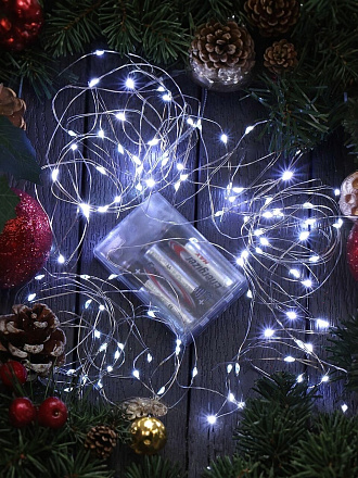 Гирлянда 100 ламп, 10 м, 1 режим, холодный белый свет, серебристая, в помещении, на батарейках, LED, Y4-7524