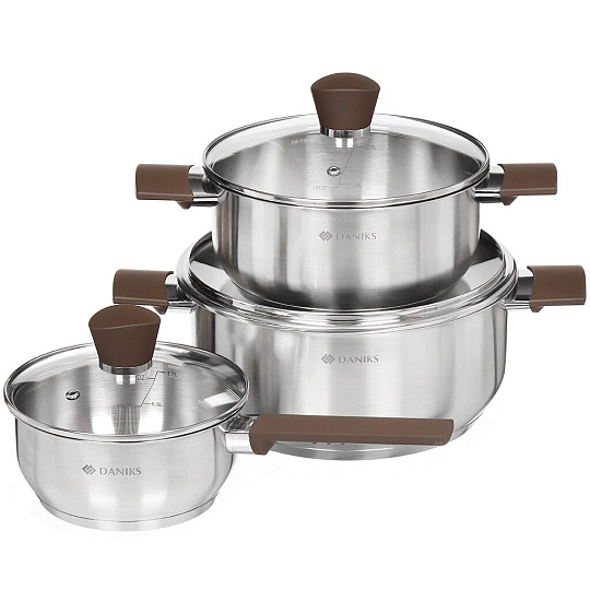 Набор посуды нержавеющая сталь, 6 предметов, кастрюли 2.8,4.8 л, ковш 1.4 л, индукция, Daniks, Бруно, SD-A95-6