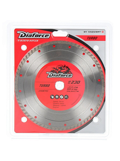 Диск отрезной алмазный по армированному бетону, Diaforce, Turbo, сплошной край, 230х22.23х2.7 мм, сухой рез, 501230