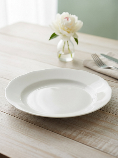 Тарелка обеденная, фарфор, 20 см, круглая, Вырезной край Белая, Дулевский фарфор, 01845