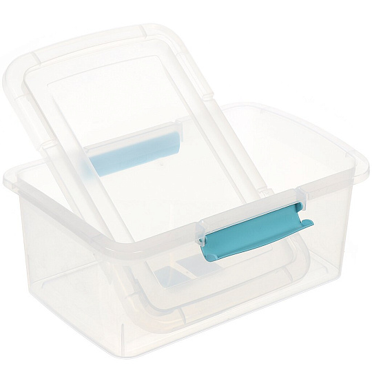 Ящик хозяйственный 7 л, 23.5х35х14.8 см, с крышкой, с защелками, прозрачный, небесный, BranQ, Laconic mini, BQ2512НБСПР