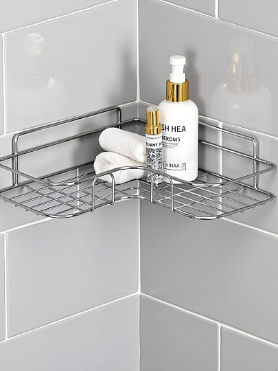 Полка для ванной металл, настенная, угловая, 26х26х5 см, силиконовое крепление, хром, T2022-HT023