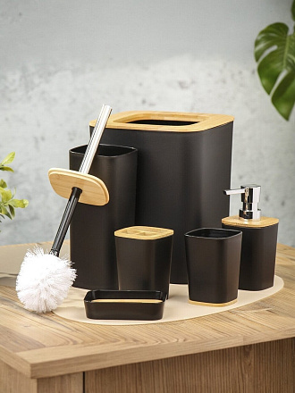 Набор для ванной 6 предметов, черный/дерево, пластик, стакан, подставка для зубных щеток, дозатор для мыла, A350055