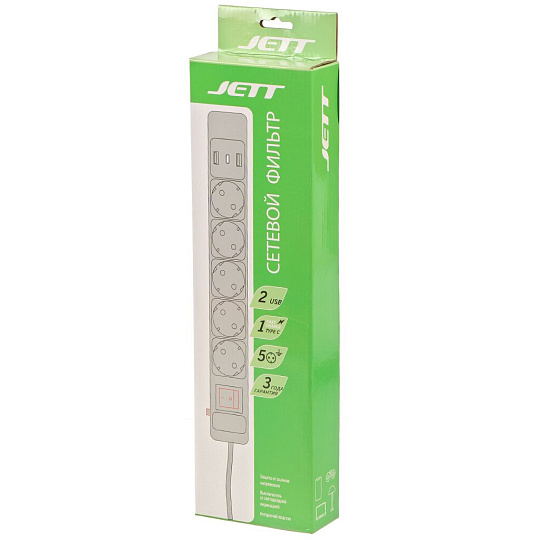 Сетевой фильтр 5 гнезд, 4.7 м, ПВС, 3х1 мм², с заземлением, 16 А, +2USB +TYPE C 2.0, 3.5 кВт, серый, Jett, 171-605