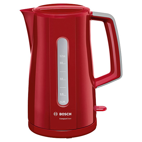 Чайник электрический Bosch, TWK 3A014, красный, 1.7 л, 2400 Вт, скрытый нагревательный элемент, пластик