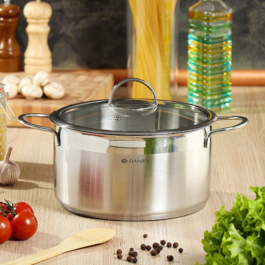 Кастрюля нержавеющая сталь, 5.8 л, крышка стекло, Daniks, Бонн, GS-01319-24CA, индукция