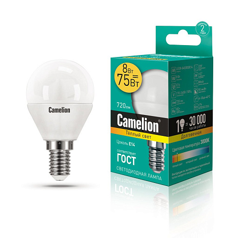 Лампа светодиодная 8Вт 220В 3000К Camelion LED8-G45/830/E14