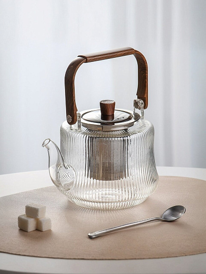 Чайник заварочный стекло, 1.2 л, с металлическим ситечком, деревянной крышкой и ручкой, Грани, Y4-9735