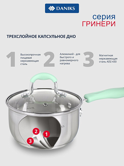 Ковш нержавеющая сталь, 1.7 л, крышка стекло, силиконовая ручка, индукция, Daniks, Гринери, SD-23-16SP, мятный