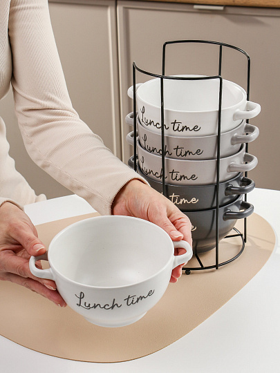 Бульонница керамика, 6 шт, 650 мл, металлическая подставка, Время ланча, ТМ Глория, 202428