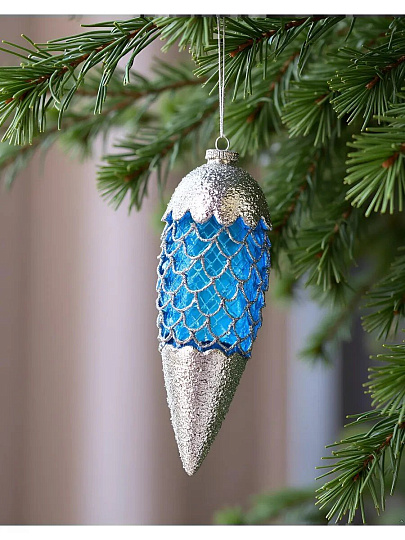 Елочное украшение Шишка Синий перламутр, синее, 6х18 см, стекло, XF24-SC033