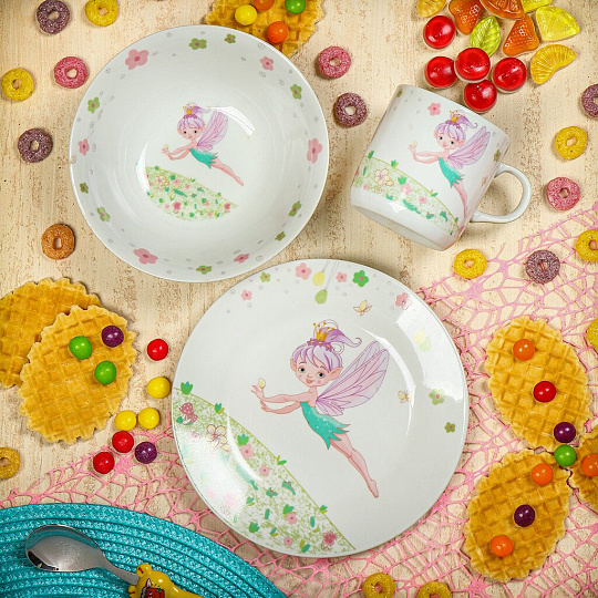 Набор посуды керамика, 3 шт, Феечка, тарелка 17.5см, салатник 15см/350мл, кружка 230мл, Daniks, C644