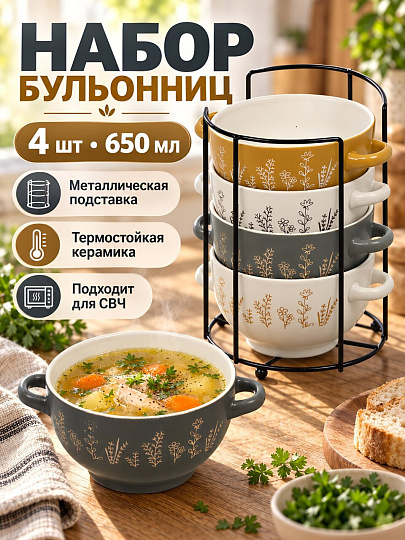 Бульонница керамика, 4 шт, 650 мл, металлическая подставка, Мечта, ТМ Глория, 202607, в ассортименте