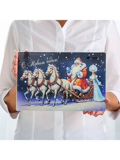 Доска разделочная стекло, 30х20 см, прямоугольная, Daniks, Символ Года и Дед Мороз