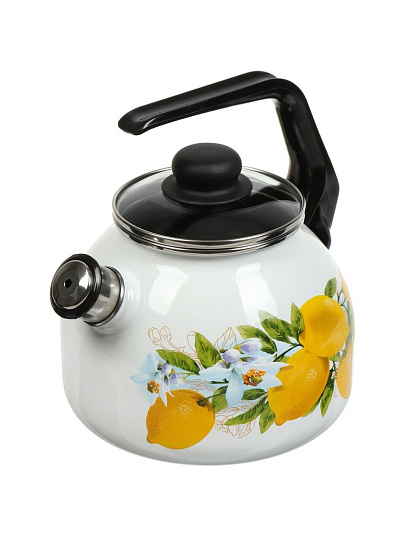 Чайник сталь, эмалированное покрытие, 3 л, со свистком, с пластиковой кнопкой, Сибирские товары, Лимоны, индукция, белый, С2717.3