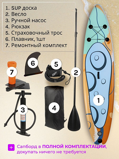 Сап борд надувной 330х81х15 см, двойной ПВХ, рюкзак, насос, весло и лиш, ремкомплект, 200 кг, SUP008