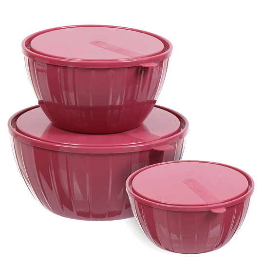 Салатник пластик, круглый, 3 шт, 5, 2.8, 1.7 л, с крышкой, Vanilla, Sugar&amp;Spice, SE187112054, брусника