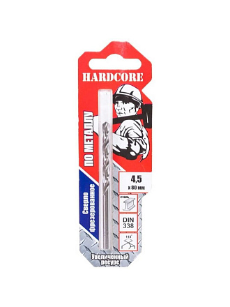 Сверло по металлу, фрезерованное с шаговой заточкой, Hardcore, Step Cutter, диаметр 4.5х80 мм, цилиндрический хвостовик, 140045