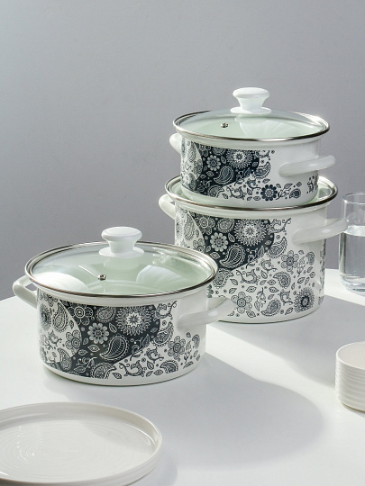 Набор посуды эмалированная сталь, 6 предметов, кастрюли 2.5, 3.7, 5 л, индукция, Керченский металлургический завод, День и ночь-5-1-Люкс, белый