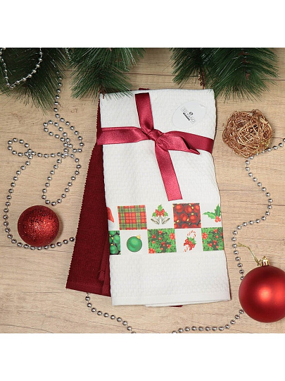 Набор полотенец кухонных 2 шт, 40х60 см, махровый и вафельный, 100% хлопок, Silvano, Фотопечать Новогоднее, Турция, D17-11