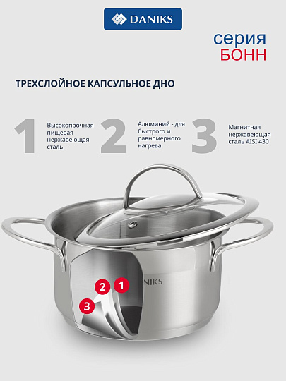 Кастрюля нержавеющая сталь, 5.8 л, крышка стекло, Daniks, Бонн, GS-01319-24CA, индукция