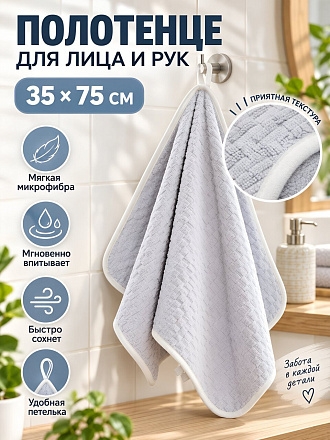 Полотенце для рук и лица 35х75 см, 100% полиэстер, микрофибра, голубые, Китай, Y4-12600-7