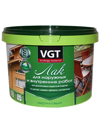 Лак VGT, глянцевый, акриловый, бесцветный, для внутренних и наружных работ, 0.9 кг